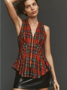 Maeve Anthropologie Viki Zip-Front Plaid Peplum Top Red Size M NWOT ($128)